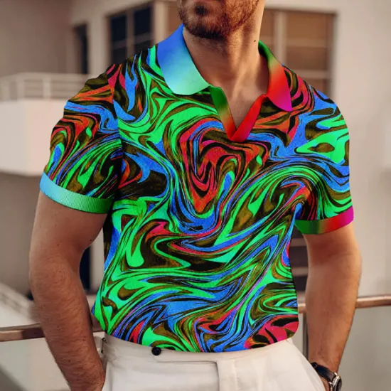 New OUKU Men's Graphic Polo Shirts Golf Shirt Short Sleeve Polo Shirts V Neck Casual Vacation Wear Rave Wear Party Outfits 3D Print Yellow Red Blue