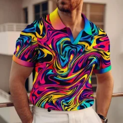 New OUKU Men's Graphic Polo Shirts Golf Shirt Short Sleeve Polo Shirts V Neck Casual Vacation Wear Rave Wear Party Outfits 3D Print Yellow Red Blue