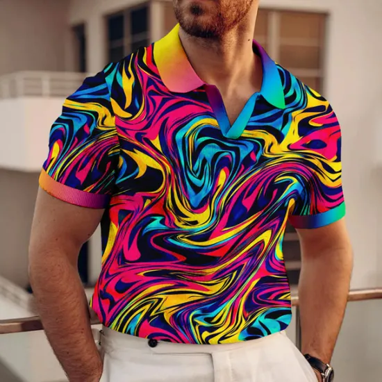 New OUKU Men's Graphic Polo Shirts Golf Shirt Short Sleeve Polo Shirts V Neck Casual Vacation Wear Rave Wear Party Outfits 3D Print Yellow Red Blue