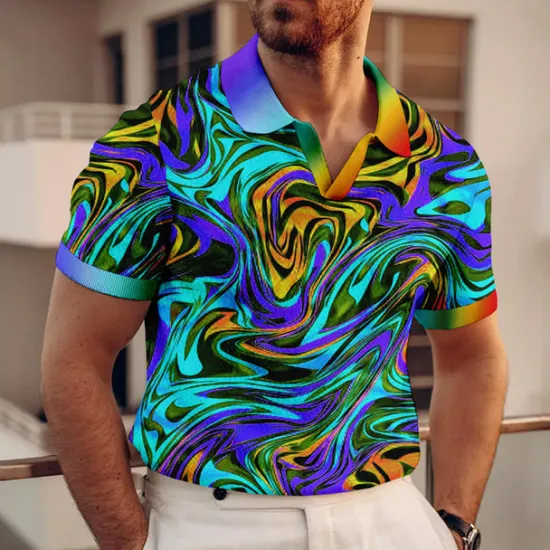 New OUKU Men's Graphic Polo Shirts Golf Shirt Short Sleeve Polo Shirts V Neck Casual Vacation Wear Rave Wear Party Outfits 3D Print Yellow Red Blue