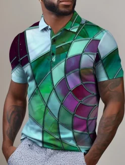Best OUKU Men's Graphic Polo Shirts Golf Shirt Short Sleeve Polo Shirts Collared Shirts Casual Vacation Wear Rave Wear Party Outfits Buttons 3D Print Spring & Summer Pink Purple Green