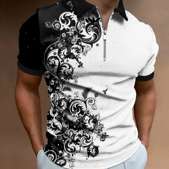 OUKU Men's Graphic Polo Shirts Zip Polo Short Sleeve Polo Shirts Collar Casual Vacation Party Evening Wear Dailywear Zipper 3D Print Summer Spring Black And White