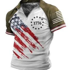 New OUKU Men's Graphic Prints American Flag Veterans Patriotic Polo Shirts Zip Polo Golf Shirt Short Sleeves Shirt Turndown Outdoor Street Black Wine Blue Brown Zipper Print Clothing Apparel Fashion Designer