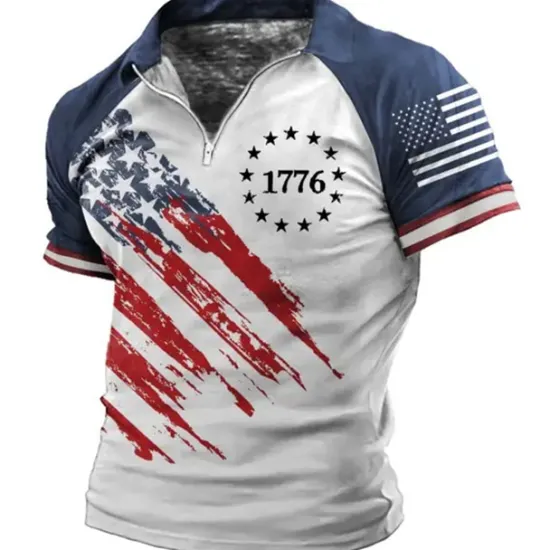 New OUKU Men's Graphic Prints American Flag Veterans Patriotic Polo Shirts Zip Polo Golf Shirt Short Sleeves Shirt Turndown Outdoor Street Black Wine Blue Brown Zipper Print Clothing Apparel Fashion Designer