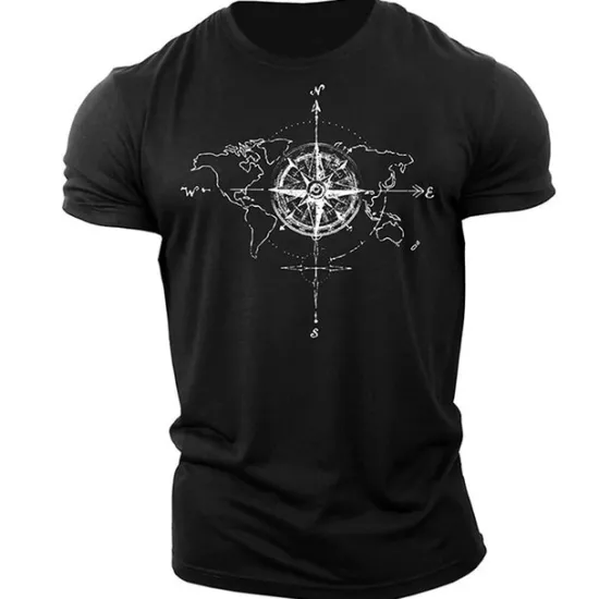 Outlet OUKU Men's Graphic Prints Compass T Shirt Graphic Tee 100% Cotton Short Sleeve Graphic Shirt Black Army Green Dark Gray Comfortable Tee Outdoor Street Fashion Designer Clothing