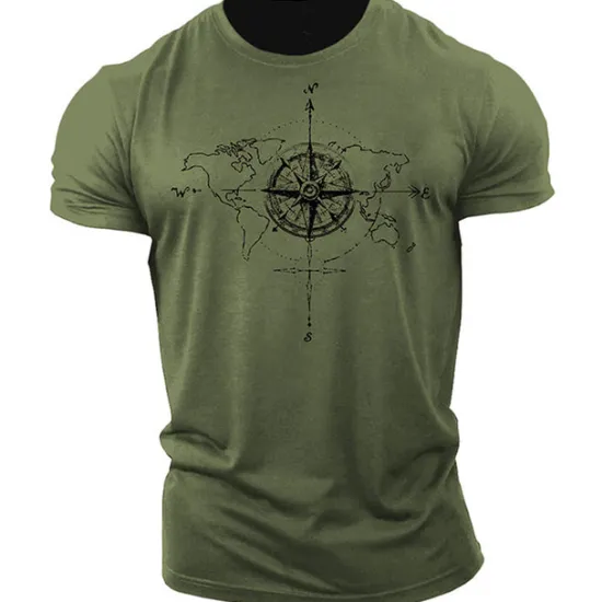 Outlet OUKU Men's Graphic Prints Compass T Shirt Graphic Tee 100% Cotton Short Sleeve Graphic Shirt Black Army Green Dark Gray Comfortable Tee Outdoor Street Fashion Designer Clothing