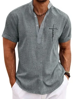 Clearance OUKU Men's Graphic Prints Cross Shirt Linen Shirt Short Sleeve Shirt Stand Collar Outdoor Street Pink Blue Green Khaki Gray Print Clothing Apparel Fashion Streetwear Designer Casual