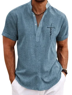 Clearance OUKU Men's Graphic Prints Cross Shirt Linen Shirt Short Sleeve Shirt Stand Collar Outdoor Street Pink Blue Green Khaki Gray Print Clothing Apparel Fashion Streetwear Designer Casual