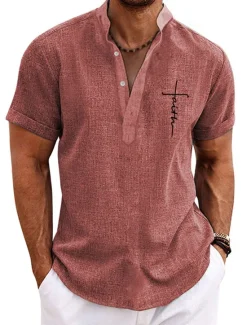 Clearance OUKU Men's Graphic Prints Cross Shirt Linen Shirt Short Sleeve Shirt Stand Collar Outdoor Street Pink Blue Green Khaki Gray Print Clothing Apparel Fashion Streetwear Designer Casual