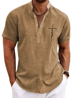 Clearance OUKU Men's Graphic Prints Cross Shirt Linen Shirt Short Sleeve Shirt Stand Collar Outdoor Street Pink Blue Green Khaki Gray Print Clothing Apparel Fashion Streetwear Designer Casual