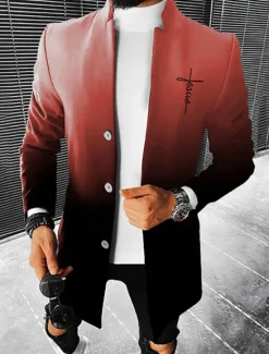 Best OUKU Men's Graphic Prints Cross Gradual Winter Coat Overcoat Coat Warm Breathable Comfortable Fashion Streetwear Business Work Wear to work Going out Pocket Print Fall & Winter Turndown Long Sleeve Red