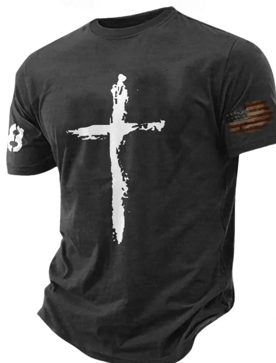 OUKU Men's Graphic Prints Cross Faith T Shirt Graphic Tee Cotton Short Sleeves Graphic Shirt Black White Navy Blue Comfortable Tee Vacation Street Fashion Designer Clothing