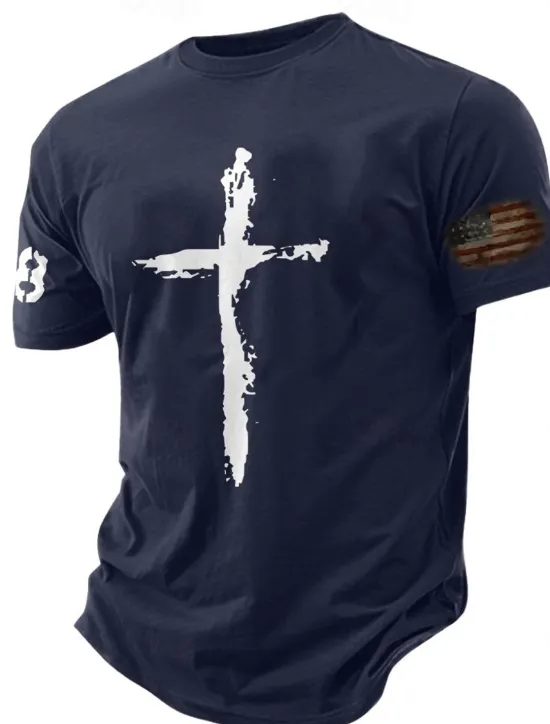 OUKU Men's Graphic Prints Cross Faith T Shirt Graphic Tee Cotton Short Sleeves Graphic Shirt Black White Navy Blue Comfortable Tee Vacation Street Fashion Designer Clothing