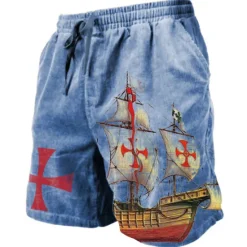 Hot OUKU Men's Graphic Prints Cross Sailboat Sweat Shorts Beach Shorts Terry Shorts Mid Waist Casual Athleisure Daily Holiday Streetwear Drawstring Elastic Waist 3D Print Designer Clothing Apparel