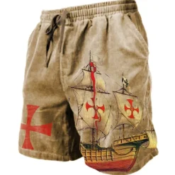 Hot OUKU Men's Graphic Prints Cross Sailboat Sweat Shorts Beach Shorts Terry Shorts Mid Waist Casual Athleisure Daily Holiday Streetwear Drawstring Elastic Waist 3D Print Designer Clothing Apparel