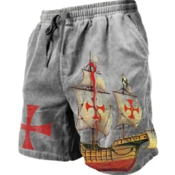 Hot OUKU Men's Graphic Prints Cross Sailboat Sweat Shorts Beach Shorts Terry Shorts Mid Waist Casual Athleisure Daily Holiday Streetwear Drawstring Elastic Waist 3D Print Designer Clothing Apparel