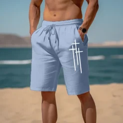 Clearance OUKU Men's Graphic Prints Cross Linen Shorts Summer Shorts Beach Shorts Mid Waist Streetwear Designer Casual Daily Holiday Drawstring Elastic Waist Print Designer Clothing Apparel