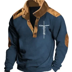 New OUKU Men's Graphic Prints Faith Sweatshirts Sweatshirt Pullover Long Sleeve Sweatshirt Stand Collar Daily Casual Vintage Retro 3D Print Vacation Going out Streetwear Buttons Spring & Fall