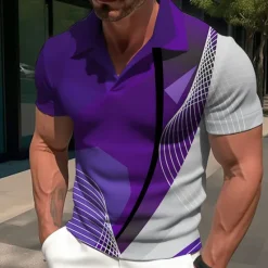 Clearance OUKU Men's Graphic Prints Geometry Linear Polo Shirt Golf Shirt Short Sleeves Shirt Cuban Collar Outdoor Street Purple Green Print Clothing Apparel Fashion Designer Casual Breathable