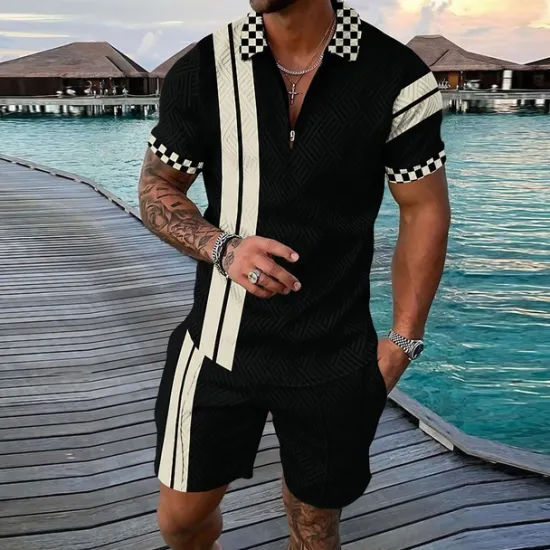 Outlet OUKU Men's Graphic Prints Geometry Polo Shirt Golf Shirt Polo Set Short Sleeve Shirt Turndown Street Casual Apricot Black White Zipper Print Clothing Apparel Fashion Designer Casual Breathable