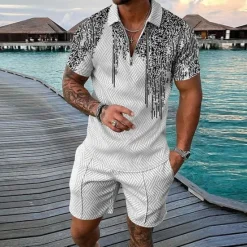 Outlet OUKU Men's Graphic Prints Geometry Polo Shirt Golf Shirt Polo Set Short Sleeve Shirt Turndown Street Casual Apricot Black White Zipper Print Clothing Apparel Fashion Designer Casual Breathable
