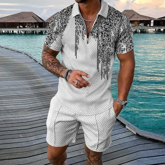 Outlet OUKU Men's Graphic Prints Geometry Polo Shirt Golf Shirt Polo Set Short Sleeve Shirt Turndown Street Casual Apricot Black White Zipper Print Clothing Apparel Fashion Designer Casual Breathable