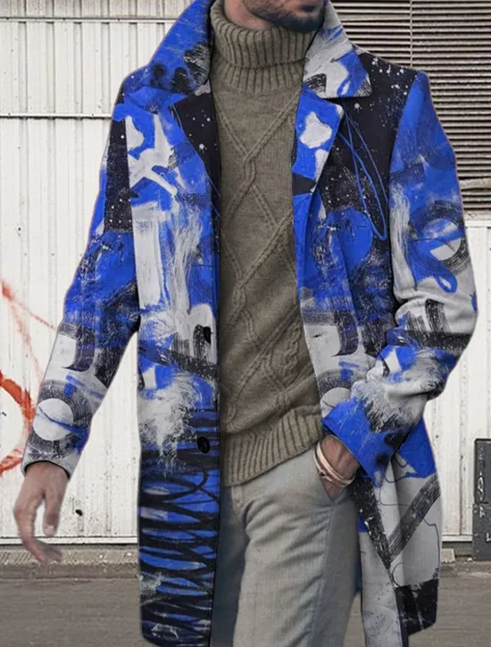 Clearance OUKU Men's Graphic Prints Graffiti Winter Coat Overcoat Coat Warm Breathable Comfortable Fashion Streetwear Business Work Wear to work Going out Pocket Print Fall & Winter Turndown Long Sleeve Red Blue