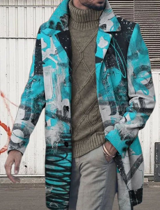 Clearance OUKU Men's Graphic Prints Graffiti Winter Coat Overcoat Coat Warm Breathable Comfortable Fashion Streetwear Business Work Wear to work Going out Pocket Print Fall & Winter Turndown Long Sleeve Red Blue