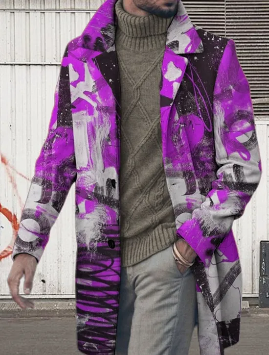 Clearance OUKU Men's Graphic Prints Graffiti Winter Coat Overcoat Coat Warm Breathable Comfortable Fashion Streetwear Business Work Wear to work Going out Pocket Print Fall & Winter Turndown Long Sleeve Red Blue