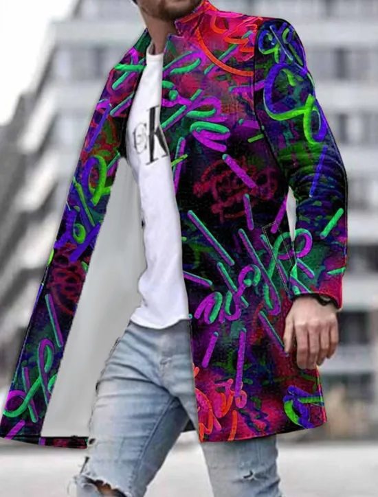 Best OUKU Men's Graphic Prints Graffiti Winter Coat Overcoat Coat Warm Breathable Comfortable Fashion Streetwear Business Work Wear to work Going out Pocket Print Fall & Winter Turndown Long Sleeve Yellow