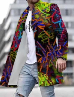 Best OUKU Men's Graphic Prints Graffiti Winter Coat Overcoat Coat Warm Breathable Comfortable Fashion Streetwear Business Work Wear to work Going out Pocket Print Fall & Winter Turndown Long Sleeve Yellow