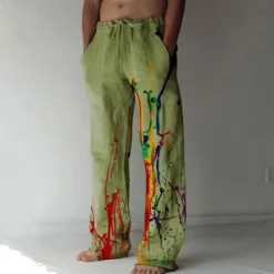 Hot OUKU Men's Graphic Prints Graffiti Linen Pants Trousers Summer Pants Mid Waist Fashion Streetwear Casual Daily Drawstring Elastic Waist Front Pocket Spring & Summer 3D Print Light Khaki Black White