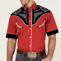Best OUKU Men's Graphic Prints Leaves Shirt Western Shirt Cowboy Shirt Short Sleeve Fashion Streetwear Designer Outdoor Street Daily Summer Spring Turndown Print Red Blue