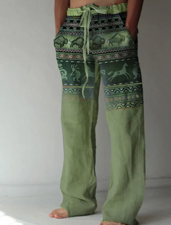 Outlet OUKU Men's Graphic Prints Linen Pants Baggy Pants Mid Waist Streetwear Hawaiian Designer Casual Daily Holiday Drawstring Elastic Waist Front Pocket Spring & Summer 3D Print Green Khaki Gray