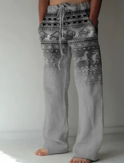Outlet OUKU Men's Graphic Prints Linen Pants Baggy Pants Mid Waist Streetwear Hawaiian Designer Casual Daily Holiday Drawstring Elastic Waist Front Pocket Spring & Summer 3D Print Green Khaki Gray