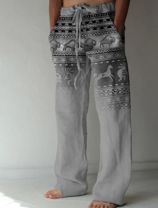 Outlet OUKU Men's Graphic Prints Linen Pants Baggy Pants Mid Waist Streetwear Hawaiian Designer Casual Daily Holiday Drawstring Elastic Waist Front Pocket Spring & Summer 3D Print Green Khaki Gray