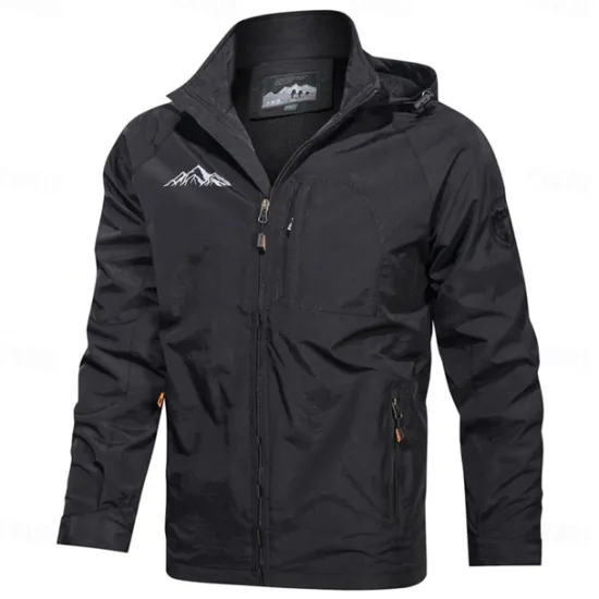 Hot OUKU Men's Graphic Prints Mountain Jacket Raincoat Shell Jacket Waterproof Lightweight Casual Sports Outdoor Camping & Hiking Embroidered Side Pockets Zip Front Fall Winter Hooded Long Sleeve Black Green