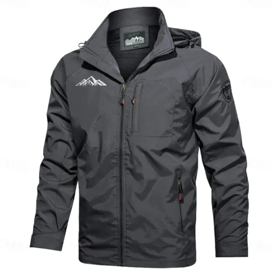 Hot OUKU Men's Graphic Prints Mountain Jacket Raincoat Shell Jacket Waterproof Lightweight Casual Sports Outdoor Camping & Hiking Embroidered Side Pockets Zip Front Fall Winter Hooded Long Sleeve Black Green