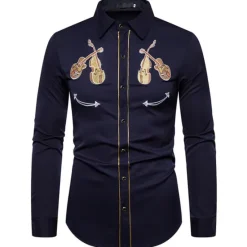 Online OUKU Men's Graphic Prints Musical Instrument Shirt Western Shirt Cowboy Shirt Long Sleeve Sports Fashion Streetwear Outdoor Daily Fall & Winter Turndown Print Button-Down Black White Navy Blue