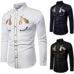 Online OUKU Men's Graphic Prints Musical Instrument Shirt Western Shirt Cowboy Shirt Long Sleeve Sports Fashion Streetwear Outdoor Daily Fall & Winter Turndown Print Button-Down Black White Navy Blue