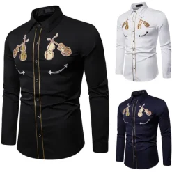 Online OUKU Men's Graphic Prints Musical Instrument Shirt Western Shirt Cowboy Shirt Long Sleeve Sports Fashion Streetwear Outdoor Daily Fall & Winter Turndown Print Button-Down Black White Navy Blue