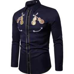 Online OUKU Men's Graphic Prints Musical Instrument Shirt Western Shirt Cowboy Shirt Long Sleeve Sports Fashion Streetwear Outdoor Daily Fall & Winter Turndown Print Button-Down Black White Navy Blue