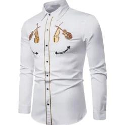 Online OUKU Men's Graphic Prints Musical Instrument Shirt Western Shirt Cowboy Shirt Long Sleeve Sports Fashion Streetwear Outdoor Daily Fall & Winter Turndown Print Button-Down Black White Navy Blue