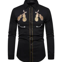 Online OUKU Men's Graphic Prints Musical Instrument Shirt Western Shirt Cowboy Shirt Long Sleeve Sports Fashion Streetwear Outdoor Daily Fall & Winter Turndown Print Button-Down Black White Navy Blue