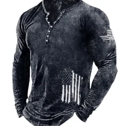 Discount OUKU Men's Graphic Prints National Flag Henley Shirt Graphic Tee Long Sleeve Shirt Long Sleeve Hot Stamping Designer Basic Modern Contemporary Vacation Street Going out Spring & Fall Black Red Navy Blue