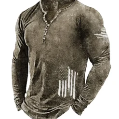 Discount OUKU Men's Graphic Prints National Flag Henley Shirt Graphic Tee Long Sleeve Shirt Long Sleeve Hot Stamping Designer Basic Modern Contemporary Vacation Street Going out Spring & Fall Black Red Navy Blue