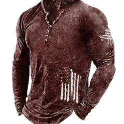 Discount OUKU Men's Graphic Prints National Flag Henley Shirt Graphic Tee Long Sleeve Shirt Long Sleeve Hot Stamping Designer Basic Modern Contemporary Vacation Street Going out Spring & Fall Black Red Navy Blue