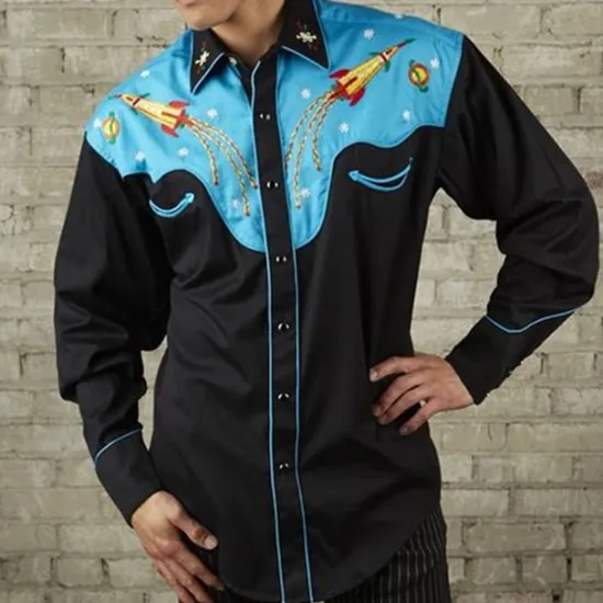 OUKU Men's Graphic Prints Rocket Shirt Western Shirt Cowboy Shirt Long Sleeve Fashion Designer Casual Outdoor Daily Fall & Winter Turndown Print Button-Down Blue