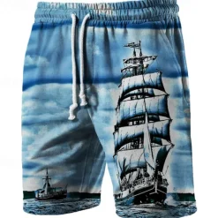 Online OUKU Men's Graphic Prints Sailboat Sweat Shorts Beach Shorts Terry Shorts Mid Waist Casual Athleisure Daily Holiday Streetwear Drawstring Elastic Waist 3D Print Designer Clothing Apparel