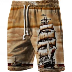Online OUKU Men's Graphic Prints Sailboat Sweat Shorts Beach Shorts Terry Shorts Mid Waist Casual Athleisure Daily Holiday Streetwear Drawstring Elastic Waist 3D Print Designer Clothing Apparel